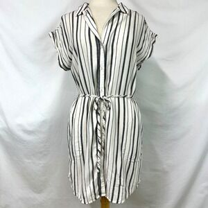 CLOTH & STONE ANTHROPOLOGIE Linen Gray White Stripe Tunic Shirt Dress M Nautical